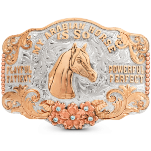 A custom women's belt buckle with personalized bronze lettering featuring a golden horse head figure and flowers 